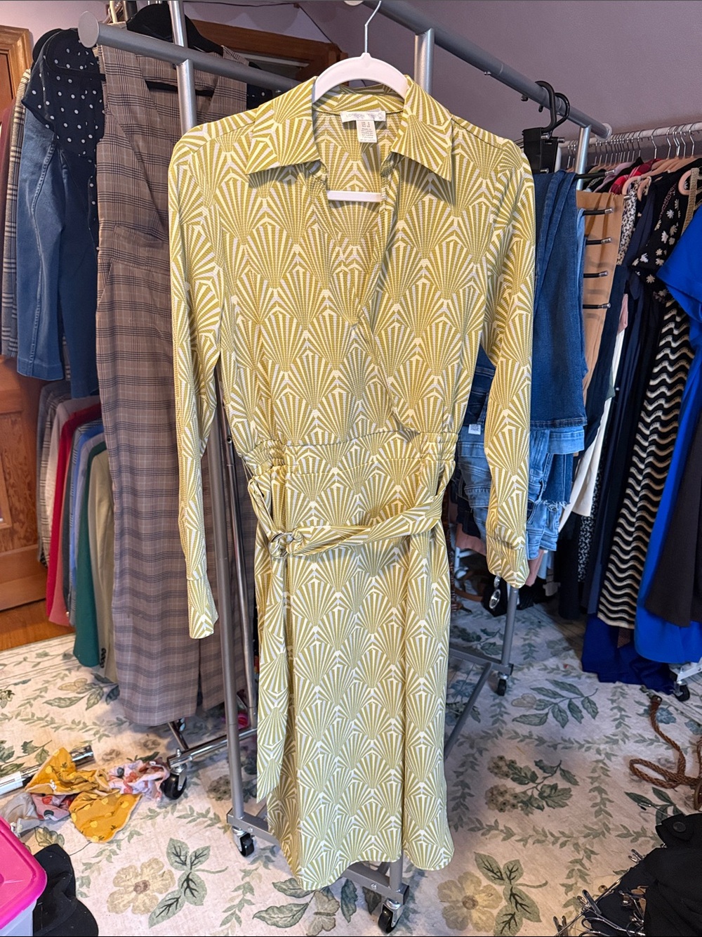London Times Geometric Long Sleeve Wrap Dress